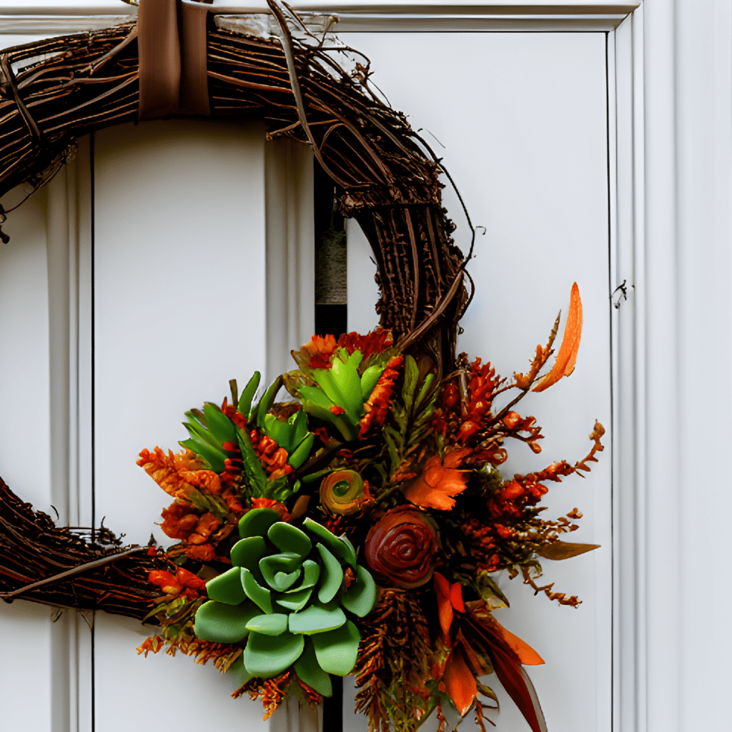 autumn succulent wreath hanging on a front door