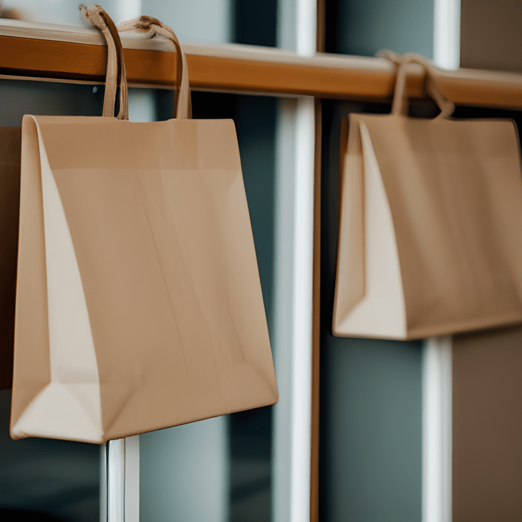 brown paper bags hanging on a window