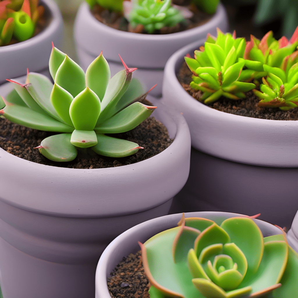 green succulents in gray clay pots
