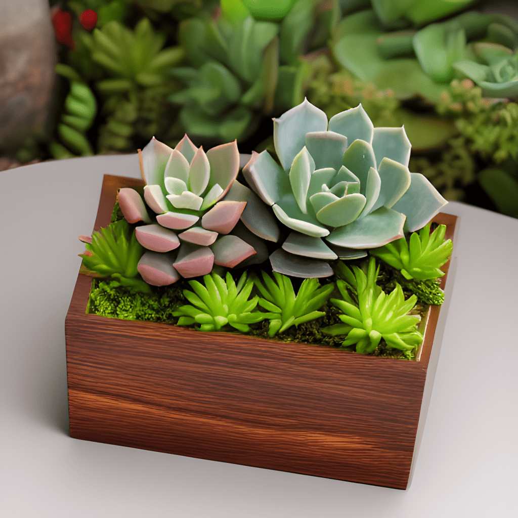 succulents in a wooden planter