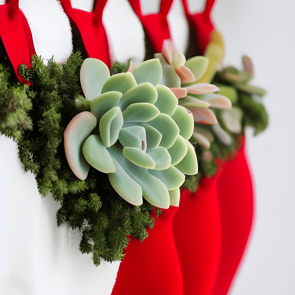 succulents hanging in a Christmas stocking
