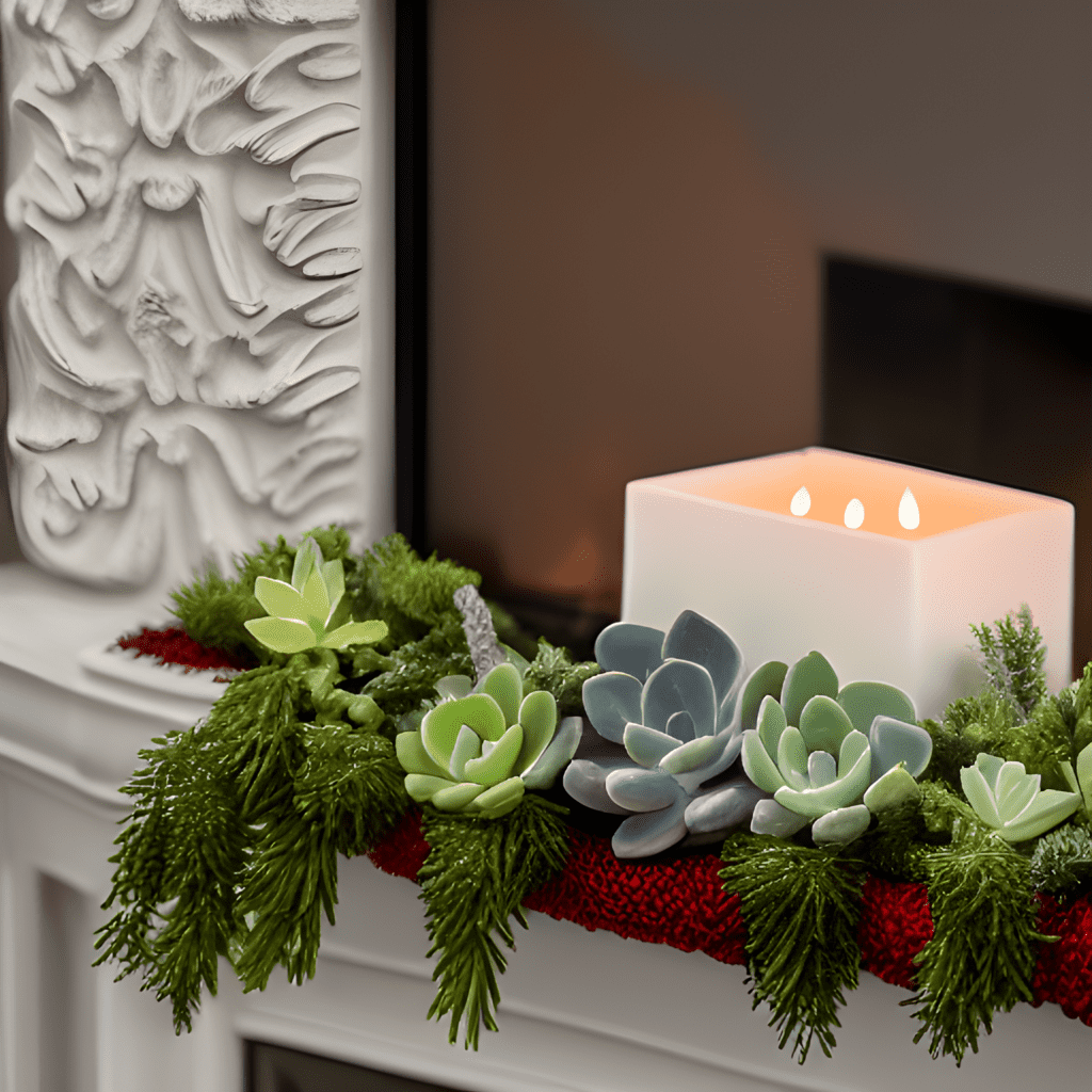 succulent Christmas decorations on a mantle