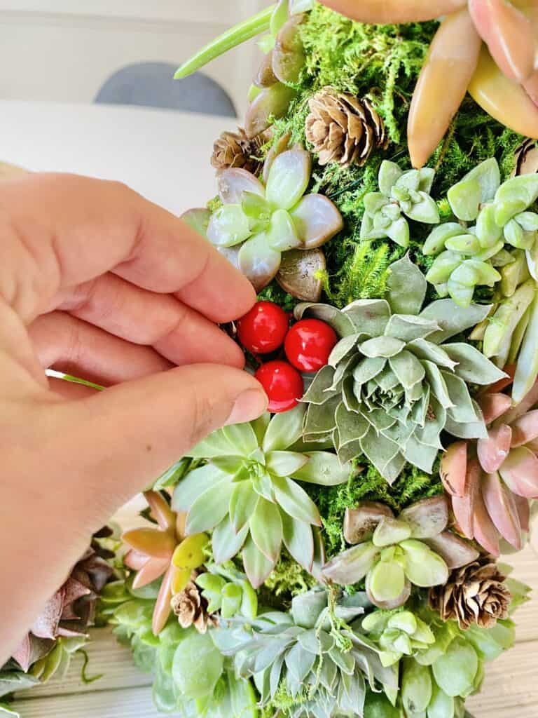 adding red berries to succulent Christmas tree